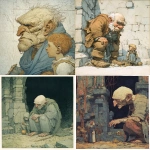 **a wrinkled, very old and grotesquely ugly man with a large child-like head, lives in a ruin and guards a treasure, simple, muted colors, reinhardt michl, --v 7.0** - <@572882080099467274> (fast)