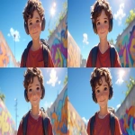 **a medium shot of a realistic illustrated happy 7-year-old Caucasian male student from America, they have a well-defined nose and a well-defined jawline, they have brown eyes and curly brown hair, they stand with their head and neck and shoulders completely square to the camera and facing forward, their entire body is facing forward, they wear a backpack, they have headphones on their head, they stand in front of a white wall with bright graffiti art spray painted on it, it is daytime, the sun is shining bright, high-definition, anime-style, --ar 16:9 --niji 6** - Variations (Subtle) by <@1065025086664474674> (relaxed)