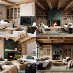 **editorial photo of a cozy moody traditional-modern living room with ribbed glass-fronted and oak ribbed shaker cabinetry with brass sleek cylindrical handles, an exotic forest green granite fireplace with bold veins, white modern sofa and accent chairs, large ribbed oak coffee table, beige knitted throw blankets and throw pillows, black ribbed round end tables, Natural oak plank flooring with a traditional light green rug, oak ceiling ebams. ARRIFLEX 35 BL camera, high definition quality, Canon K35 Prime Lens, bright and airy --ar 4:5 --raw --v 7.0** - <@1230559318680670299> (fast)