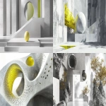 **a print design (with photorealism) of a distilled core idea emerging from calm structure - in grey, white, and chartreuse --ar 2:1 --v 6.1** - <@391763492304060418> (fast)