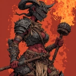 **A dungeons and dragons style comic book illustion of a muscular female pit fiend devil holding a flaming mace and wearing a crudly crafted iron helm that covers her eyes, horns and spikes should come out of her dark red skin, bits of crude armor --v 7.0** - Image #3 <@478047972412620803>