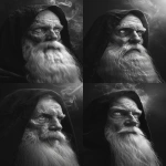 **realistic portrait of a slightly younger wise man with a long white beard and intense eyes, wearing a dark hooded cloak, head slightly tilted upward and facing 3/4 angle, cinematic lighting, ultra-detailed facial texture, soft shadows, ethereal glowing light behind the head, subtle mystical atmosphere, monochrome black and white, 8k, hyperrealistic photography style --ar 3:4 --v 6.0 --no hand, staff, medallion, background symbols --raw** - Variations (Strong) by <@1146806236982034432> (fast)