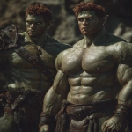 **Realistic 3d rendering. Full body portrait of two characters. ruggedly handsome, Hyper muscular handsome twin green skinned orcs, bright silver eyes, short curly redred hair, short pointed ears, defined muscles, pronounced features, hyper muscular, wide Grecian nose, strong square jaw, defined cheek bones, masculine features, freckles. Bodybuilder. wearing a tight short leather skirt. His oiled skin glistens under intense studio lighting. A strong camera flash highlights the shine on his muscles, creating bright reflections on his body, arms, and thighs. Retro fitness photography style, slightly exaggerated lighting contrast, 90s magazine aesthetic, center-framed, studio portrait shot. Standing and posing in a sunny rocky field. --ar 5:6 --v 7.0** - Image #3 <@1222981214734913607>