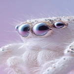 **Art-fashion macro studio photograph in a Gentle Monster-style aesthetic. A small white jumping spider (salticidae), ultra-detailed macro, soft fluffy texture, elegant and minimal. Each eye of the spider is covered with an individual optical glass element. Each eye has its own glass каждый глазик закрыт отдельным стеклом. Total of 6 separate glass elements. Glass design: frameless, no frame, no rims, no eyewear construction, rectangular micro-glass shape for each eye, lens size exactly matches the spider’s eye size, floating optical glass appearance, as if delicately placed on each eye, clear or very lightly tinted glass, subtle reflections. Connection details: minimal invisible micro-connectors or crystal-like joints between glass elements, cool silver tone, satin metal accents, refined and delicate. Background: clean studio gradient in soft lavender and pale violet tones. Lighting: soft diffused editorial macro lighting, gentle shadows, subtle highlights on glass and metal. Mood: minimal, futuristic, conceptual luxury, high-fashion art photography. --ar 9:16 --v 7.0 --raw** - Upscaled by &lt;@1239955832326586419&gt; (relaxed)