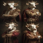**<https://s.mj.run/1NjRNbUywKQ> photo portrait of a very rich European king with his arms crossed in front of his body, but his head is a mostly white cow's head and he is wearing a crown and carrying a sceptre --ar 2:3 --v 7.0** - <@1103975769467789322> (fast)