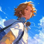 **A close-up portrait of Yosuke Hanamura from Persona 4, in a bright and cheerful summer atmosphere. under a warm sky filled with blue and white clouds. The lighting is golden and radiant, casting soft highlights on his face and hair. The background evokes a breezy summer day, enhancing the lighthearted and youthful vibe. Rendered in the style of Rella soft, clean lines, expressive features, and beautiful, luminous shading. Use warm tones throughout the composition, with a gentle glow and elegant color transitions. Focus on his gentle eyes and light brown hair moving slightly in the wind. Rella soft illustration style. --niji 6** - Image #4 <@762679659153850410>