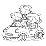 **Cute cartoon convertible car, happy passengers, simple shapes, thick bold outlines, black and white line art, no shading, kids coloring book --ar 9:11 --v 7.0** - Image #3 <@1056554354854854686>