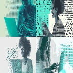 **a dot-matrix patterned, print design (with photorealism) of someone smiling while using a laptop as if it's easy for them to use - in grey, white, and teal. --ar 2:1 --v 6.1** - <@391763492304060418> (fast)