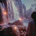 **1970s film grainy photograph. A twinkling waterfall. Big statues of freestanding walls, covered with black tiny rainbow colored holographic rhinestones glinting in the sun. Around the statue is a fashion model, some curvy plus-size, some of different ethnicities. She wears an opulent gothic futuristic pink and blue, satin lace and fish-net outfit, adorned with roses. Eerie sci-fi aesthetic. Bright colorful light. sparkly airy misty twinkles fall from the sky. Orange, peach, pink, blue, lime green, purple --v 7.0** - Image #1 <@840730232632639528>