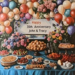 **"Happy 35th Anniversary John & Tracy" banner surrounded by balloons, flowers and delicious food. --v 6.1** - Image #1 <@1327691479602298971>
