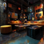 **Surrealism 1980s abstract luxury music lounge, black gold brown colors rich colors, luxury, hd quality , vinyl showing, low lighting, 1 conversation pit, tall abstract speakers, vinyl records , bar lounge included , high quality, clear record shaped table --v 7.0** - Image #3 <@951239260281913364>