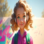**a medium shot of a realistic illustrated happy 7-year-old Caucasian female student from America, they have a well-defined nose and a well-defined jawline, they have green eyes and curly blonde hair, they stand with their head and neck and shoulders completely square to the camera and facing forward, their entire body is facing forward, they wear a backpack, they have headphones on their head, they stand in front of a white wall with bright graffiti art spray painted on it, it is daytime, the sun is shining bright, high-definition, anime-style, --ar 16:9 --niji 6** - Image #2 <@1065025086664474674>