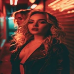 **A cinematic portrait of the two women in the attached photos, whose appearance is adjusted to look like the band Huntrix from the music video for Golden, standing near a neon-lit alley. Background shows golden haze and glowing city textures. High contrast shadows and golden rim light illuminate her features. Created Using: Canon EOS R5, cinematic lighting rig, music video color grading. --ar 2:3 --v 6.0** - Image #1 <@1028770350189776956>