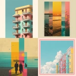 **cinematic poster inspired by Wes Anderson color palette, artistic symmetrical composition, vibrant tones (yellow, teal, coral, pink), poetic and joyful atmosphere, minimalist design with vintage film grain, elegant and contemporary indie film festival aesthetic, no text, vertical 4:5 --v 7.0 --chaos 15 --q 2 --raw** - <@974048812777762846> (fast)