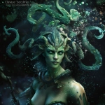 **an ancient eldritch sea goddess with green skin and demonic energy, strong ocean theme, attractive like a siren, head and upper torso portrait, zoomed out, remove head ornaments --v 7.0** - Image #1 <@1102368940535066624>