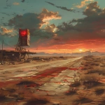 **vast post-apocalyptic desert landscape, abandoned gas station reduced to a distant ruin, fractured highway stretching toward the horizon, scattered wrecks half-buried in sand, low ember sun washing the scene in warm dust light, wide cinematic scale, layered painterly texture, visible grain and rough canvas surface, quiet Mad Max atmosphere, no focal object, no text --v 6.0 --stylize 270 --ar 2:3** - Upscaled (Subtle) by <@517786233657622530> (fast)