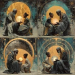 **A futuristic Black elder and child seated in a circle of light, exchanging a glowing orb inscribed with ancient Kemetic glyphs and digital code. Behind them, a mural of resistance and joy--marches, drums, stars, and sacred geometry. Style: Afro-futurist, collage-inspired, bold contrast with soft lighting. Snowflake macrophotography Afrocentric futurism --v 7.0** - Variations (Strong) by <@1071135204846096475> (relaxed)
