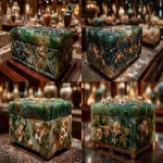 **ancient roman jewelry box with small delicate carved flowers, made from polished green dolomite crystal, on display in an art gallery --ar 16:9 --s 750 --v 7.0** - <@1064451214823129168> (fast)