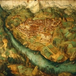 **Ancient map of the northern Italian city of Belluno from the 14th century, oil painting, a medium-sized church stands in the middle of the city, a large ruler's estate with its own wall stands near the large market square, a river flows south of the elongated city, outside the city walls there are individual buildings and farms, --v 7.0 --ar 16:9** - Image #3 <@587021342965235713>