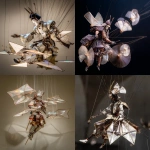 **a legendary Japanese marionette puppeteer, suspended in air with precise posture and crisp segmented armor, part Raijin and part master craftsman--he manipulates a floating city of architectural pinwheels using luminous threads, each pinwheel a unique kinetic structure made from lacquered shoji forms, folded copper blades, and pearlescent paper--some spin slowly, others flicker in tight orbits--every component echoes bold Sakura ink brushwork and gel-pen shimmer, now evolved into material realism--high-contrast raking light with iridescent gleam on edges, soft ambient glow on translucent surfaces--captured in tilt-shift perspective with extreme depth control: sharp focus on the puppeteer’s hands, blurred city depths cascading below--architectural surrealism, cinematic tension, layered miniature illusion, marionette --s 50 --v 7.0 --p z4f83u2 --raw** - <@997245562065789039> (fast)
-# Create, explore, and organize on [midjourney.com](<https://midjourney.com/imagine?from_discord=1>)