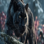 **An ultra-realistic, cinematic portrait of a majestic and powerful black panther character, the vigilant protector of his family. He is standing guard on a moss-covered rock overlooking a valley, his posture calm but intensely alert, muscles defined beneath his fur. In the soft-focused background, his younger sister and mother are visible, resting peacefully. His deep black fur is subtly infused with an intricate pattern of glowing, golden constellations and faint cyan bio-luminescent circuits that seem to pulse with a soft, protective energy. His intelligent eyes have a gentle, golden glow. The scene is set in a mystical, futuristic jungle at twilight, with glowing flora and beautiful bokeh in the background, hyper-detailed, ethereal lighting, shallow depth of field. --ar 16:9 --s 400 --raw** - Image #2 <@1154898485301227621>