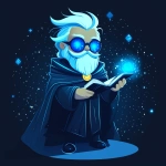 **Futuristic legal wizard mascot, glowing blue eyes, wearing a judge robe mixed with a wizard cloak, holding a digital scroll and a smartphone, cartoonish but clean, high-tech magical vibe, flat design - vector art --s 250** - Image #1 <@844314166369583134>