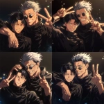 **Still taken shot from anime episode - Levi Ackerman from Attack on Titan and Satoru Gojo from Jujutsu Kaisen. Gojo has white hair, his arm around Levi's shoulder and is posing with a big smile and making a peace sign, Levi has black hair, has his arms crossed and looks slightly annoyed against a black background with sparkles in the art style of attack on titan anime. Friendship-style pose, Anime TV art style, attack on titan, jujutsu Kaisen. Uniform details, beautiful lighting, anime art, manga --niji 6** - Variations (Strong) by <@774763495555072010> (fast)