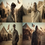 **An elderly black african army general, in his 60s, looking fit , dressed in a 1950s French military uniform, stands confidently in front of the camera in a desert military camp setting. dimly lit, He has a serious, weathered face, one hand casually resting in his pocket. He faces the viewer, delivering a direct-to-camera monologue. The background features sand dunes, vintage military tents, and French colonial flags fluttering in the wind. Dust subtly floats in the warm light. cinematic, with shallow depth of field, natural lighting, and slight grain to simulate 1950s archival film look. Tone is somber and authoritative, evoking a government broadcast or classified confession. --ar 128:73 --v 7.0** - <@1065391125663322203> (fast)