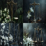 **Golden scales of justice, clearly tilted and uneven, the left side raised high with delicate white lilies and snow, the right side hanging much lower, weighed down with heavy black coal, dramatic imbalance, powerful symbol of injustice in America, cinematic lighting, high realism, photojournalistic style --ar 16:9 --v 6.0 --raw** - <@1273779388386770994> (fast)