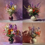 **A bouquet of Texan wildflowers in a glossy vase, a warm, light color scheme for the background, in the style of Ilya Repin's painting, with lilac shadows.** - <@397396364566462464> (fast)