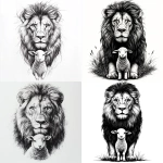 **black and grey design. Male lion posing with lamb. Lamb is standing in front of the lion with legions head towering over. Both animals looking into camera. Clean lines, clean shading. White background.** - <@651578269954736176> (fast)