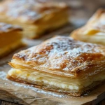 **Close-up of a golden-brown cream cheese pastry, flaky and buttery layers with a rich cream cheese filling slightly oozing out, topped with a light dusting of powdered sugar, warm natural lighting, placed on a rustic wooden surface or baking parchment, soft background blur, inviting and indulgent look, Pinterest vertical format --v 6.0 --ar 3:4 --raw** - Image #2 <@1289684291994779678>
