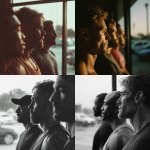 **a side profile shot of three gym friends, men, lined up, looking out the front window into a parking lot.** - <@719736185945063474> (fast)