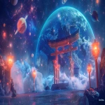 **A sacred Shinto shrine designed as "EmiEmi Shrine", standing on a cosmic path of starlight, with a grand red torii gate glowing before Earth in the background. Around the Earth, other majestic planets like Saturn with glowing rings and Jupiter with colorful storms float in the cosmos, enhancing the divine scale. Visitors feel as if they are arriving for an online shrine worship. The shrine radiates divine golden light, mystical energy flows, ethereal mist drifts around, with sacred lanterns and floating words of light (kotodama). A harmonious blend of Japanese tradition and cosmic fantasy, cinematic, ultra-detailed, photorealistic yet dreamlike, barnacle --ar 16:9 --v 6.0** - Image #2 <@1027927772519211120>