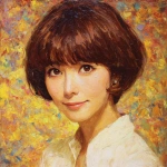 **Ms. Kikuko Matsushita, a Japanese woman in her early 60s. Her hair is short for a woman, brown with evenly trimmed bangs. She has a sharp, intense gaze, yet her eyes soften into a gentle, bittersweet smile. She has a very slender build but is short in stature. A youthful portrait overflowing with smiles. Oil painting style. --v 7.0** - Image #4 <@1105655477741813870>