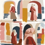 **a faceless muslim woman wears hijab, standing stylishly under mosque arch, background of mosque architecture, editorial chic, bold flat colors, color blocking style, minimal facial detail, modern editorial illustration, flat gouache texture, luxury bold colour pallette, contemporary fine art aesthetic --v 7.0 --ar 3:4 --sref <https://s.mj.run/GZQoriKJEvs> <https://s.mj.run/KlV9wmjlLdE>** - <@1101506216070479952> (fast)