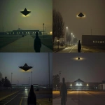 **Night scene Langley AFB, lone witness on walking track in foreground, black equilateral triangle UAP hovering far in distance above NASA hangar building, craft small in frame due to distance, craft exterior to hangar floating in night air, bottom surface showing sharp triangular geometry with pointed corners, EXACTLY four white lights total - three small corner lights at triangle vertices plus one large center light, thick golden yellow aura glowing from craft top, witness large silhouette in immediate foreground, empty military base minimal lighting, single car near distant hangar for scale reference, wide angle shot emphasizing distance between witness and craft, clear night sky background, craft appears distant and small overhead --ar 16:9 --v 6.0 --no close craft, large UFO, hangar interior (jmyers2_Night_scene_Langley_AFB_lone_witness_on_walking_track_i_d2db5b3a-5ad4-490a-bb47-ea209ec793f2.png) (jmyers2_Night_scene_Langley_AFB_witness_on_track_black_triangle_87904b2e-7559-44de-a911-e860271a6444.png) --iw 0.5 --raw** - <@701603354954170449> (fast)