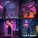 **cyberpunk mechanical snake den, neon purple orange woman standing in foreground with back to camera, holding a hockey stick and wearing a trench coat** - <@820024234734518302> (fast)