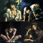 **1980s anime still, men with dark hair and bun, dark, little horror --niji 6 --raw --s 1000** - <@1076116781065850901> (fast)