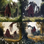 **A giant skeletal arm holding an old red barn in the air, surrounded by trees and grasses. Dandelions with white petals dot the ground, and an ancient wooden sawmill stands behind it. The sky is clear, and the colors are soft, in the style of Craig Mullins. --ar 91:55** - <@264129597782753313> (fast)