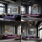 **a framed figurative painting in the style of picasso is hanging on an empty wall above a purple velvet sofa, in a living room with tall ceilings, dark gray walls, modern lighting, and architectural details. the room also features architectural photography, highly detailed. --ar 9:16** - <@1313000520759377972> (fast)
