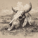 **dibujo de cráneo de vaca con plumas colgando de sus cuernos en un paisaje desértico --v 7.0** - Image #4 <@1099054943794647211>