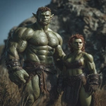 **Realistic 3d rendering. Full body portrait of two characters. ruggedly handsome, Hyper muscular handsome twin green skinned orcs, bright silver eyes, short curly redred hair, short pointed ears, defined muscles, pronounced features, hyper muscular, wide Grecian nose, strong square jaw, defined cheek bones, masculine features, freckles. Bodybuilder. wearing a tight short leather skirt. His oiled skin glistens under intense studio lighting. A strong camera flash highlights the shine on his muscles, creating bright reflections on his body, arms, and thighs. Retro fitness photography style, slightly exaggerated lighting contrast, 90s magazine aesthetic, center-framed, studio portrait shot. Standing and posing in a sunny rocky field. --ar 5:6 --v 7.0** - Image #4 <@1222981214734913607>