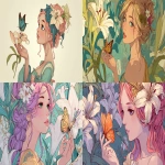 **An illustration of a nymph in 3/4 view holding a butterfly in her hand and wearing a lily in her hair, in colorfull and anime style. --ar 16:9** - <@1068240844349509652> (fast)