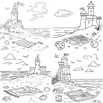 **A simple coloring page for children of A beach scene with a sandcastle, a blanket spread out on the shore, and a ball. A coloring page for kids with crisp lines and a white background, in a simple style with a black outline only. for a simple black and white coloring page, line art, thick lines, easy to color. no shading lavender** - <@1201148944726638674> (fast)