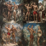 **vintage travel brochure of bodybuilders flexing --p qlwqm7e pu1nj44 --ar 4:3** - Remix (Strong) by <@538878031226470440> (relaxed)