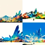 **an agarthan beauty standing calmly in the foreground, simple elegant silhouette, serene expression. Behind them, a clean inner-earth landscape with large-scale shapes only: broad crystal formations, simplified mountains, minimal architecture. Vivid saturated colors with strong color separation, but LOW DETAIL DENSITY. Clear foreground, midground, and background separation. Minimal visual clutter, limited decorative elements, intentional negative space. Anime-inspired illustration with flat color regions, bold color blocking, clean sharp linework, smooth polished rendering, crisp edges, high clarity, calm composition, readable design --niji 7** - Remix (Strong) by <@1013725246831997000> (fast)