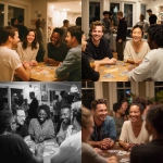 **candid photograph of four adults sitting around a table playing a very spirited game of UNO during an in-home game night. The four people are of diverse ethnicities and in their 30s. In the background you can see other people. --v 7.0** - <@1061750239708577893> (fast)