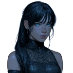**An alabaster white skinned aasimar grave cleric with neat, long jet black hair and bangs. She has subtle black freckles on her face and piercing bright blue eyes. She carries herself with a refined, elite air but she has kindness and warmth on her face. She is wearing all-black leather tank top that goes all the way up her neck with a lace pattern etched into the leather. She is a cleric of the the grave. Do this in the style of dungeons and dragons illustration portraiture.** - Image #3 <@878478340170866709>