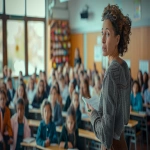 **a cool elegant middle age female school teacher is giving a math class to a large group of pupils. in her classroom. she is standing back to her pupils trying to hide the discomfort and pain she is feeling in her legs. The classroom is modern, brightly lit and warm. 65 mm, realism image, A hyper-realistic, highly detailed daytime scene, atmospheric lighting, volumetric lighting, rich in detail, Leica Q2, photography, high quality, --no blurry, low resolution, cartoonish, unrealistic reflections, distorted, low-poly, washed-out colors, artifacts, overexposed, watermark, --ar 16:9 --v 6.0** - Image #4 <@1088739679458824253>